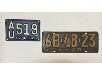 Vintage License  Plates. NY 1928- Ct 1932. Good Condition