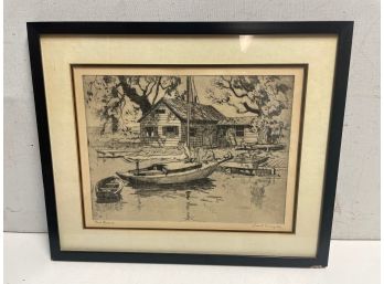 Vintage Etching By Famous Actor Lionel Barrymore . Point Pleasant Harbor New Jersey .