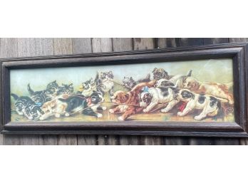 1930s Lithograph  Of 7 Dogs And 7 Cats In A Tug Of War 38 Inches Long  X 12 Inches Wide