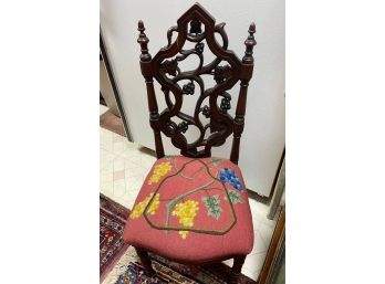 Gorgeous Miniature 1880s Victorian Side Chair . Walnut Carved Grapes And Needle Point Seat With Grapes .