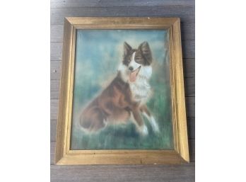 1930s Pastel On Canvas Of A Collie Dog  Sitting . Framed And In Original Cond