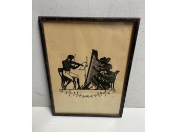 Vintage Silhouette Of A Violin Player And  Woman  Playing The Harp . Signed By The Artist