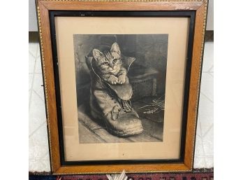 19 Th Century Victorian Engraving Of A Kitty Cat In A Boot