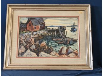 Listed Artist Marcus Pratt Rockport Watercolor Painting Dock Scene