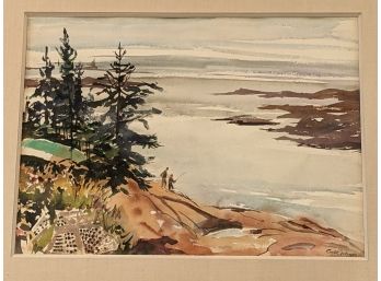 Listed Artist Cecile Johnson Watercolor Painting 'Rocky Coast'