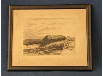 Listed Albion Harris Bicknell (1837-1915) Etching 'Boat Of Hay' Maine Artist