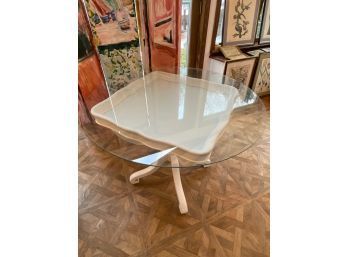 White Square Shadow Box Table 26x26x28.5 Round Glass Top 38