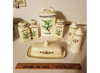 Lot Of Salt And Pepper, Butter Dish And Flour Canister