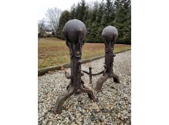 Monumental Antique Wrought Iron Andirons