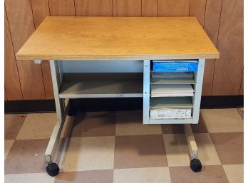 Vintage Metal & Oak Veneered Office Desk On Casters ~ 36 X 24