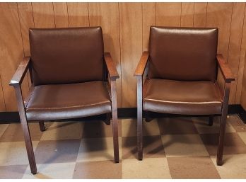 Pair Brown Vinyl Mid Century Walnut Framed Commercial Quality Amchairsc, 1970s