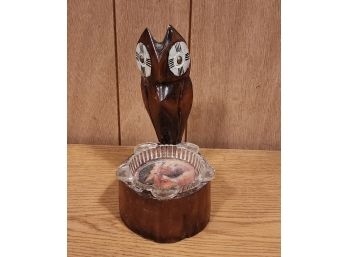 Hand Carved Black Forest Artisan Made Wood Owl Ashtray