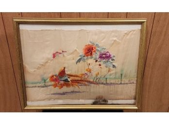 Antique 19th Century Silk On Silk Embroidered Framed Panel