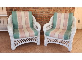 Pair Wood Wicker Painted White Armchairs W/ Cushions. C1980s