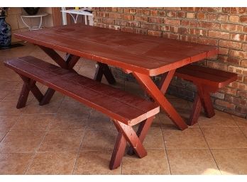 Painted Red Wood Authentic Outdoor X Frame Picnic Table W/ 2 Benches