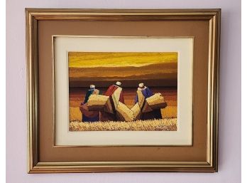 Original Oil On Canvas Framed Painting Alex Castro 'Espigadoras' Lima, Peru 1997