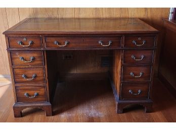 Vintage 1960s Tooled Leather Top English Campaign Style Solid Mahogany Executive Desk