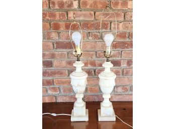 Pair 1960s Sectional Carrara Marble Urn Formed Table Lamps