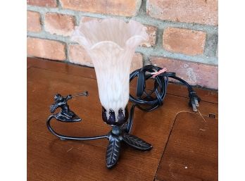 Small  Metal Cupid W/ Horn Tulip Glass Shade Table Lamp