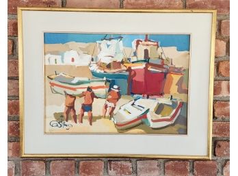 Carlos Aitor Castillo Oil On Canvas Framed Painting (Peruvian, 1913-2000) Barcaza Roja, 1988