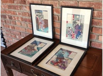 Set 4 Antique Signed Japanese Paint On Rice Paper Framed Paintings