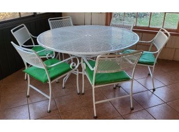 Vintage Late 20th Century Cast Aluminum Mesh Patio Table W/ 6 Chairs & Umbrella, C1980s