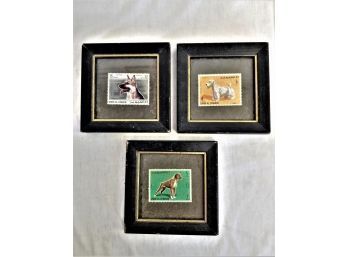 Set Of Vintage Miniature Framed 1967 UMM AL QIWAIN DOGS / UAE Stamps