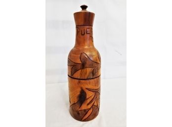 Vintage Hand Carved Wood Liquor Decanter With Shot Glass Lid