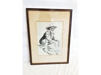 Framed Vintage Fisherman Sketch Signed B.Grey 1964