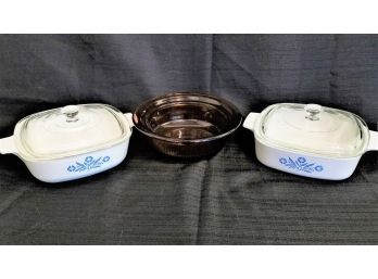 Set Of Two Corningware 1 Quart Casserole Dishes W/lids And Amber Vision 24oz Bowl