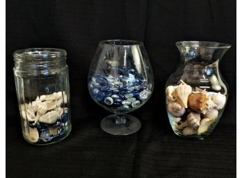 Set Of Three Decorative Vases With Shells/ Glass Pebbles