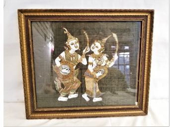 Unique Vintage Framed Indonesia Fabric Wall Hanging