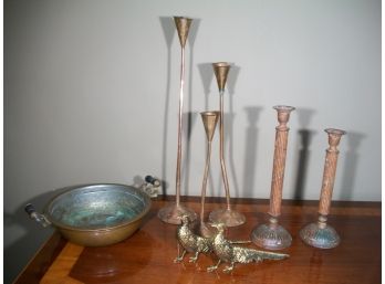 Decorative Brass & Copper Lot (Candlesticks, Bowls, Two Bird Figures)