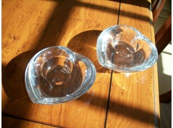Pair Lovely  Orrefors Crystal Heart Shaped Votive Candle Holders