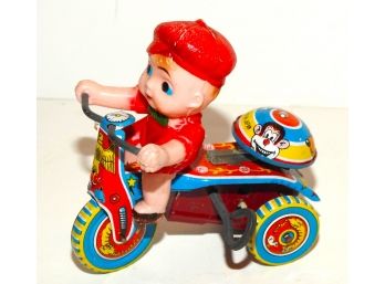 1960s Tin Litho Wind Up Child On Tricycle Toy Made In Japan