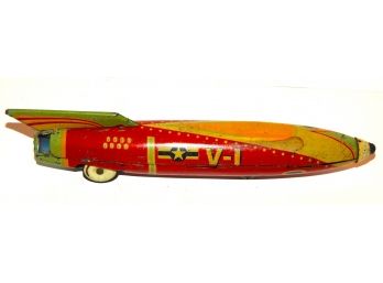 1950s Tin Litho Friction V-1 Rocket Car Toy  Made In Japan