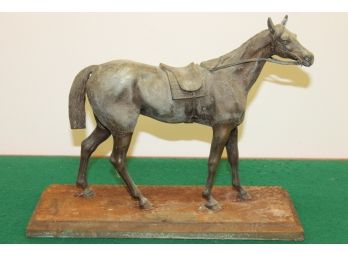 Antique Horse With Saddle Statue Figure  - Metal Bronze Finish On Iron Base