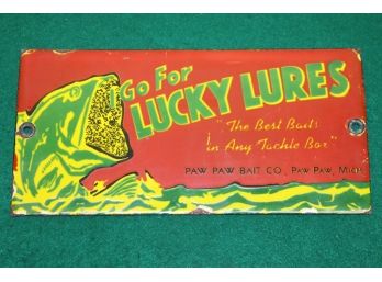 Lucky Lures Fishing Tackle Porcelain Enamel Heavy Small Advertising Sign