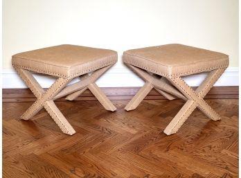 A Pair Of Modern Burlap Wrapped 'X' Benches By Safavieh