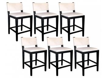 A Set Of 6 Bar Stools In Blackened Oak And Linen By Restoration Hardware Modern