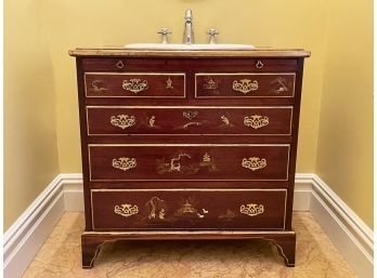 A Beautiful Mahogany Parcel-Gilt Bath Vanity With Scalloped Porcelain Drop Sink