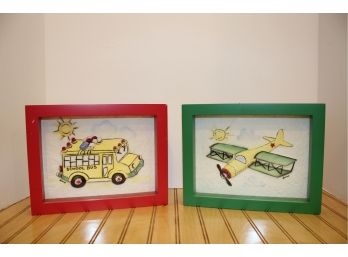 Two Donna Klotzle Shadowbox Wall Art School Bus & Airplane