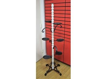 Vintage/Antique Black Wrought Iron & White Turned Wood Tall Plant Stand