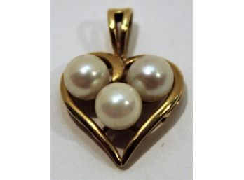 Vintage 18K Yellow Gold & Pearl Heart Shaped Ladies Pendant