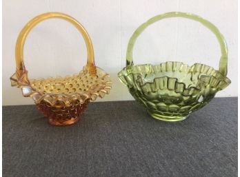 Green And Amber Glass Ribbon Baskets