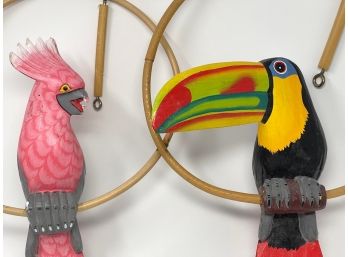 Folk Art Hand Painted Hanging Toucan And Pink Cockatoo Sculptures On Bamboo Swings