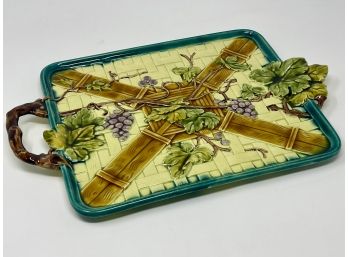 Vintage French Hand Painted Faience Dart Majolica Grapevine Basket Weave Serving Platter