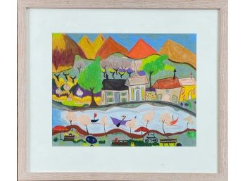 Naive Art Framed And Matted Painting Up A Lazy River  ( Maine Artist )