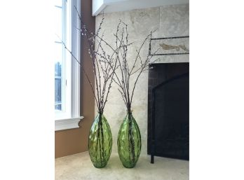 Pair - Tall Green Vases With Natural Pussy Willow Stalks