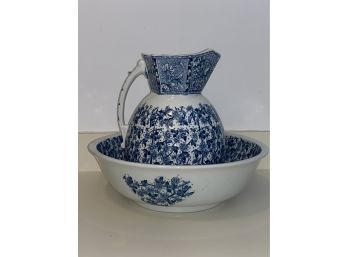 Antique Ceramic Wash Bowl Pitcher Dunn Bennett DB  Co Imperial 14.75x4.5in Lovely Blue Floral Pattern Large